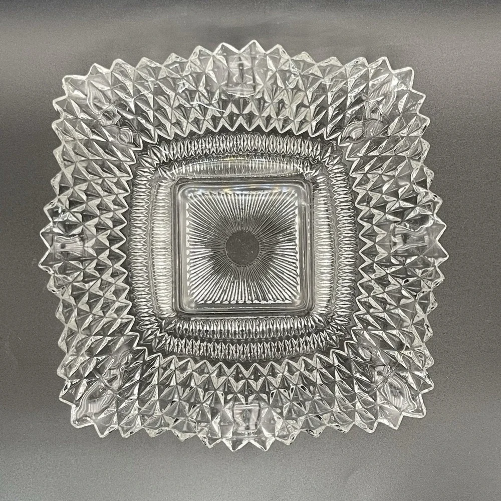 Diamond Point Square Glass‎ Bowl Clear Sunburst Center 7 Inch